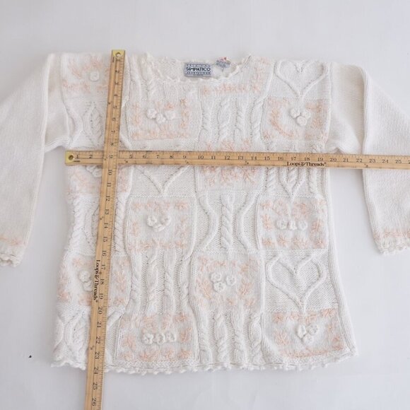 Vintage Sympatico Sportswear Cream w Peach Cable Knit Hearts Floral Sweater S - Picture 4 of 11